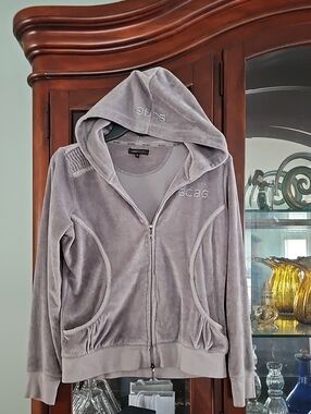 BCBG Maxazira  Velvet Zip-Up Logo Hoodie  Soft Gray Size Medium